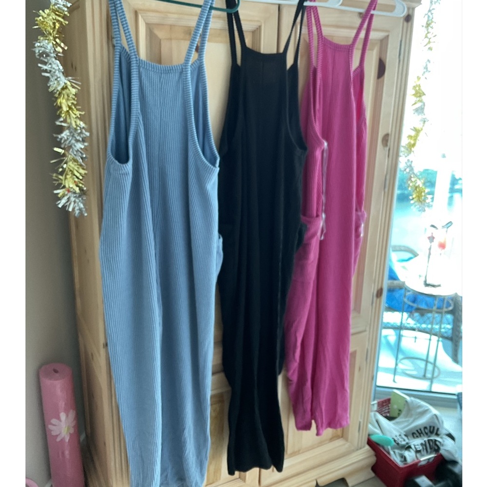 3-Stylish Ribbed Jumpsuit Trio in Blue, Black, and Pink NWT $35 for all 3!